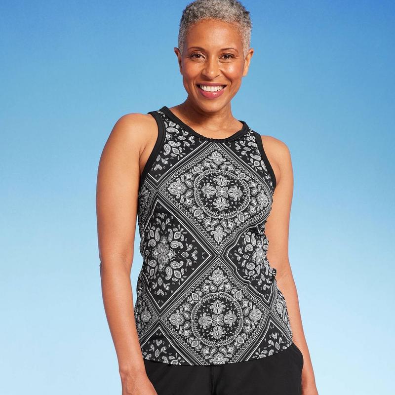 TikTok Shop Lands End Women s UPF 50 Bandana Print High Neck Tankini Top Black L