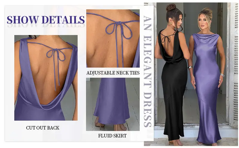 Product Introduction of OYS Women's Satin Elegant Sleeveless High Neck Tie Cocktail Party Maxi Dress Fabric Formal 4