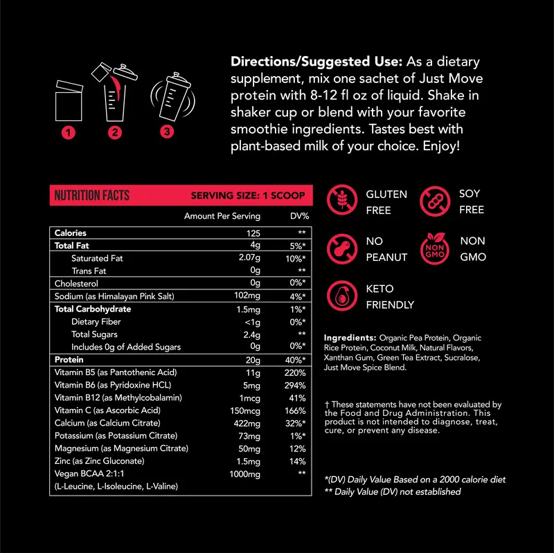 Product Introduction of Just Move Protein Sample 7 Pack - Vegan (Plant Based) Organic, Dairy Free, Soy Free, Gluten Free, Keto, Peanut Free, 20g -22g Protein, Low Carb, Non GMO supplements fitness dietary supplement post-workout recovery Edible Flavor Healthy Multi Flavors 10