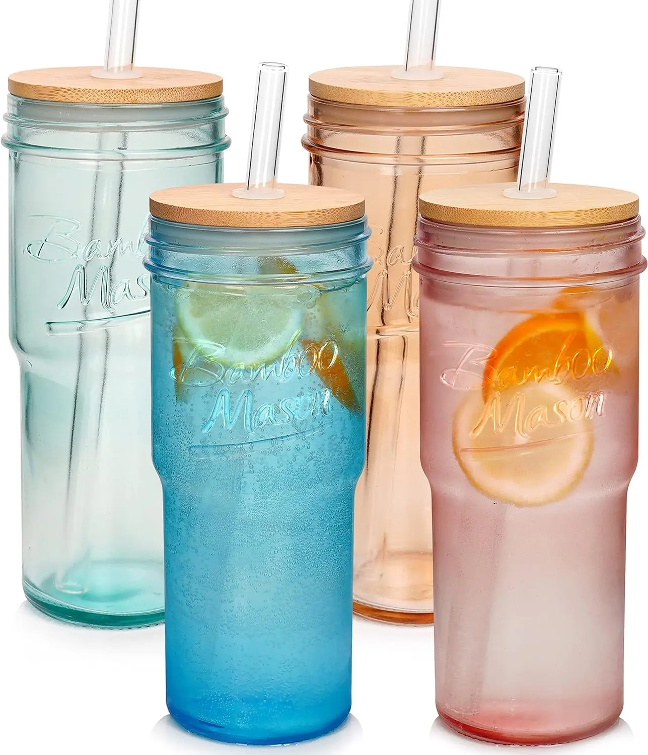 ANOTION  24oz Colored Glass Cups with Bamboo Lids and Straws - Easter Baskets Travel Coffee Mug Wide Mouth Mason Jar Iced Coffee Cup Smoothie Cup Glass Tumbler Cute Cups Drinking Glasses