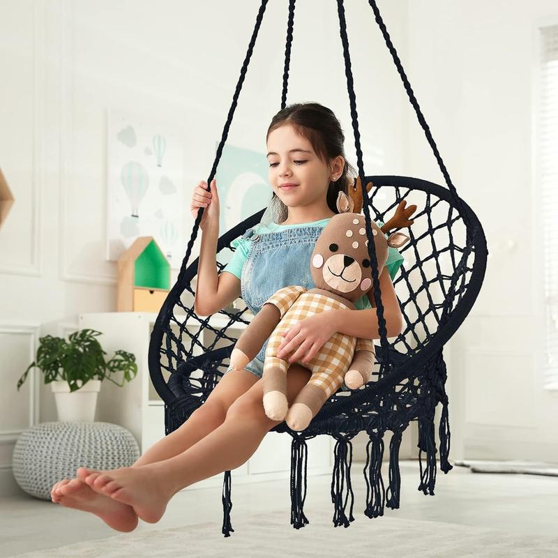 TikTok Shop Hammock Chair Macrame Swing Bohemian Style Hammock Swing Chair with Tassels Hanging Swing Chair Handmade Knitted Cotton Rope for Indoor Outdoor Bedroom Patio Max 330 Lbs Black