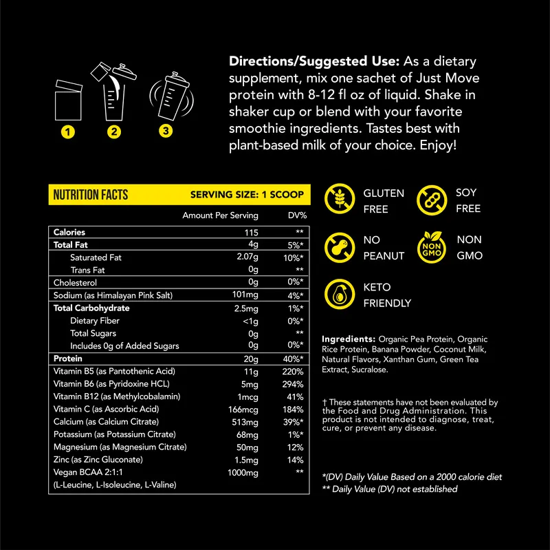 Product Introduction of Just Move Protein Sample 7 Pack - Vegan (Plant Based) Organic, Dairy Free, Soy Free, Gluten Free, Keto, Peanut Free, 20g -22g Protein, Low Carb, Non GMO supplements fitness dietary supplement post-workout recovery Edible Flavor Healthy Multi Flavors 13