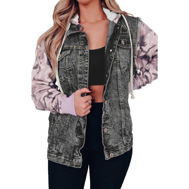 TikTok Shop Black Camo Sleeve Hooded Buttoned Denim Jacket Comfort Womenswear