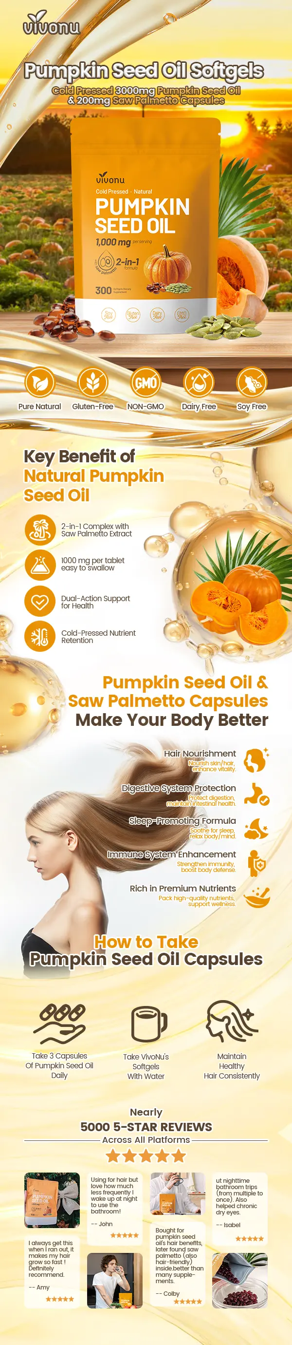 Product Introduction of VivoNu Natural pumpkin seed oil and saw palmetto softgel 1000mg high content plant esters 300 capsules 0