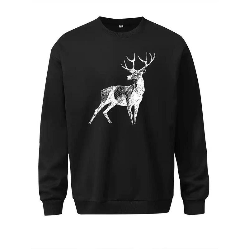 TikTok Shop Men s Casual Crew Neck Sweatshirt with Deer Print Long Sleeves Relaxed Fit for Fall Winter Cotton Menswear Classic