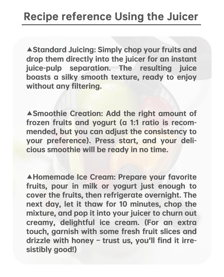 Product Introduction of Olayks Slow Masticating Juicer, Juice and Pulp Separator, Automatic Cold Press Juicer for Home, Large Chute Fruit Juice Extractor, Easy to Clean, gift 9