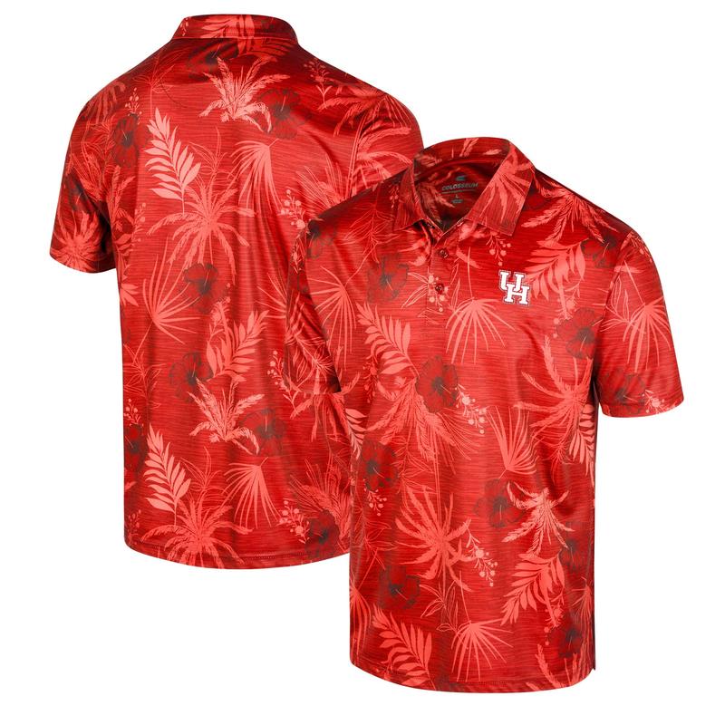 TikTok Shop Red Men s Polo Shirt Short Sleeve Classic Polo Collar Houston Cougar Tropical Palm Print Regular Fit Top Menswear