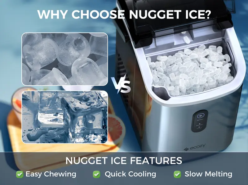 Product Introduction of ecozy Countertop Sonic Nugget Ice Maker.Chewable Ice Cubes.33 lbs Daily Output.Self-Cleaning.Stainless Steel for Party/Kitchen/Bar 2