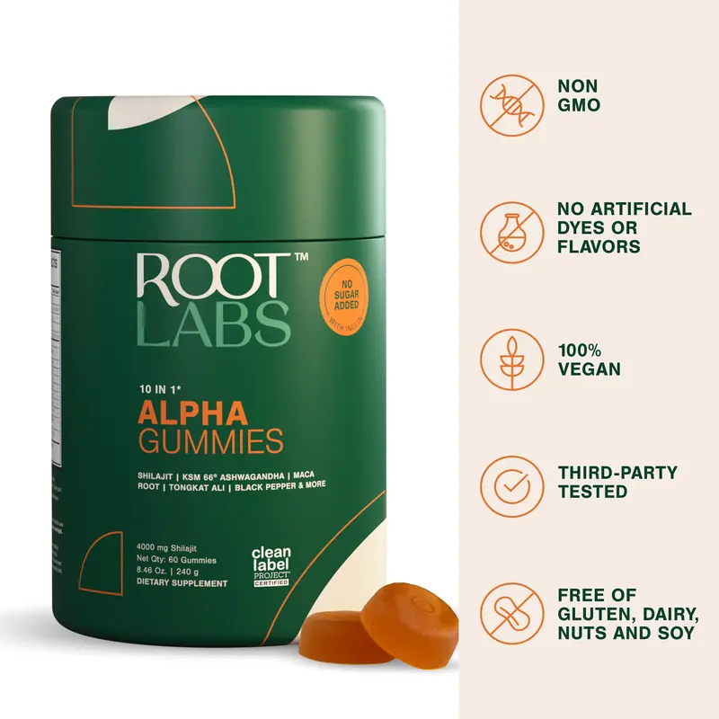 Root Labs by Be Bodywise 10-1 Alpha gummies With Himalayan Shilajit | KSM 66 Ashwagandha | Maca Root| Tongat Ali | No Added Sugar | 60 Individually Wrapped Edible Supplement 0