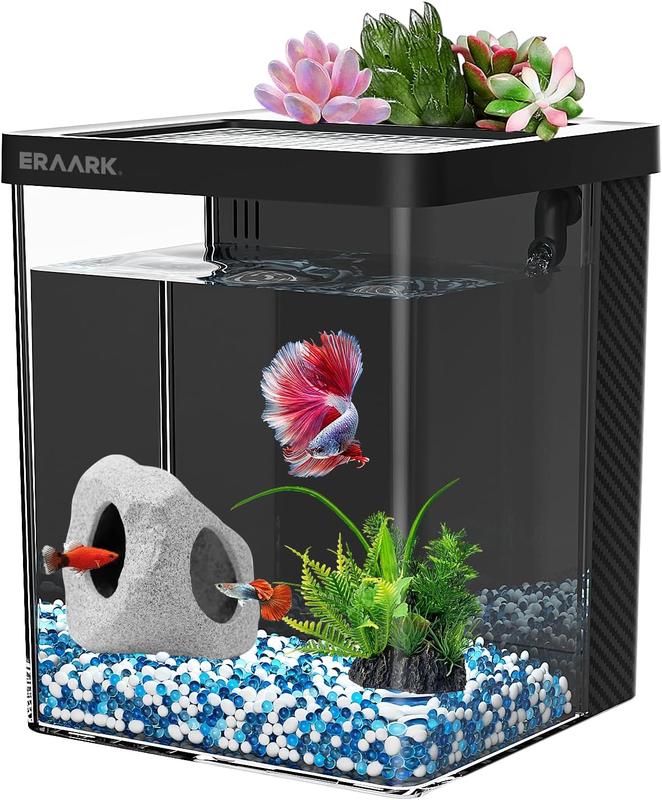 TikTok Shop Aquarium kit 1.5 Gallon Betta Fish Tank with Filter LED Light Water Pump Decorate Water Plants and Sand Fish Tank Starter Kits Fish Bowl