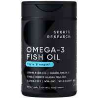 Sports Research Triple Strength Omega 3 Fish Oil 1250mg from Wild Alaska Pollock - Burpless Fish Oil Supplement with Omega3s EPA & DHA - Sustainably S