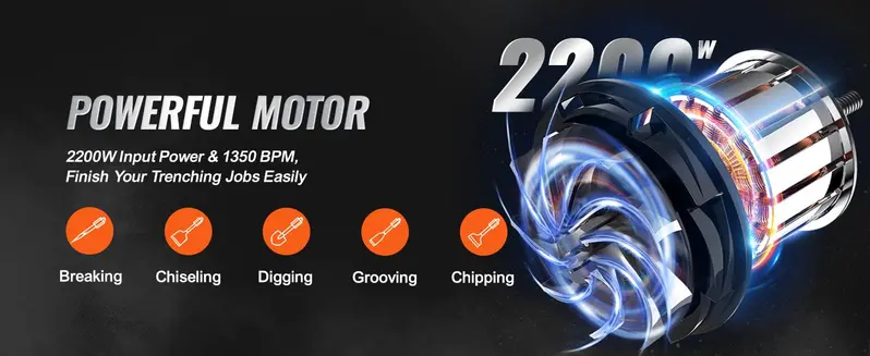 Product Introduction of VEVOR Demolition Jack Hammer Concrete Breaker, Various specifications, Electric Hammer, Chisel Bits Professionals Aluminum 9