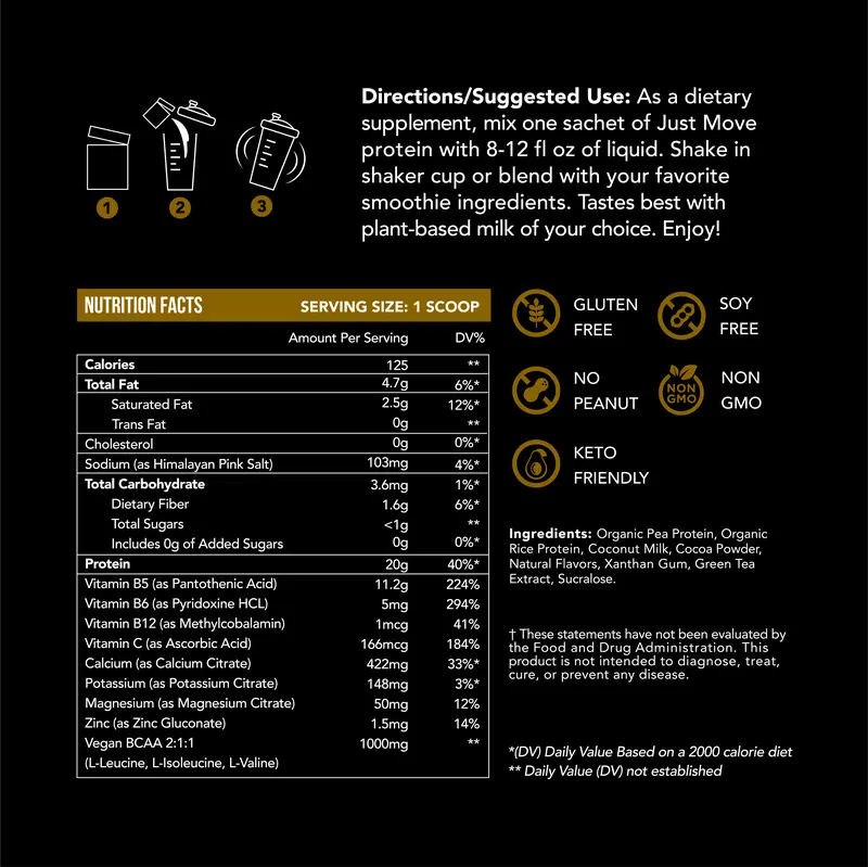 Product Introduction of Just Move Protein Sample 7 Pack - Vegan (Plant Based) Organic, Dairy Free, Soy Free, Gluten Free, Keto, Peanut Free, 20g -22g Protein, Low Carb, Non GMO supplements fitness dietary supplement post-workout recovery Edible Flavor Healthy Multi Flavors 14