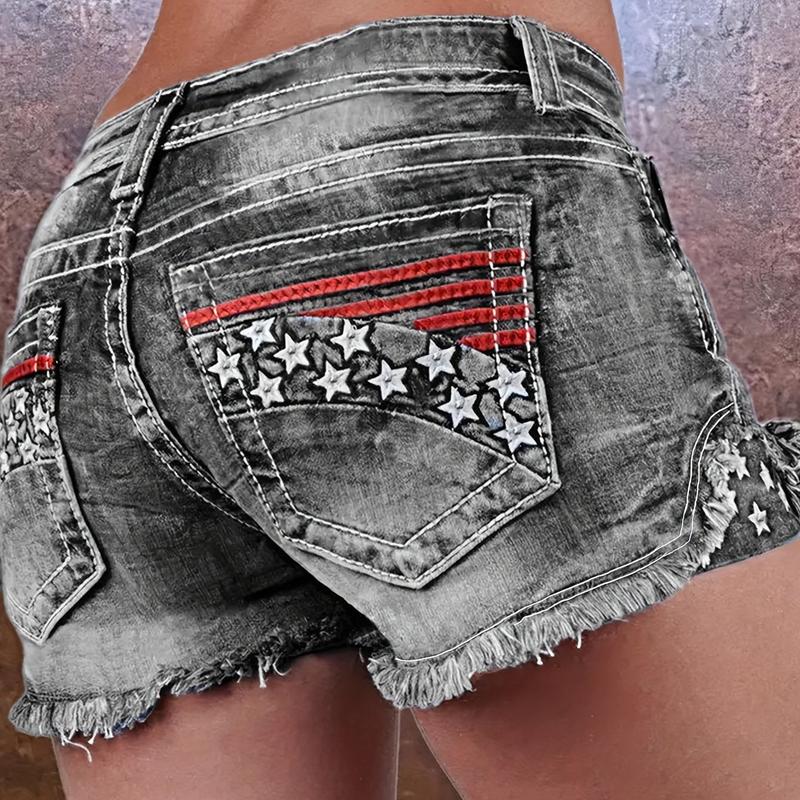 TikTok Shop Women s Distressed Denim Shorts American Flag Embroidery Vintage Style Stretchy Independence Day Outfit 4th Of July Frayed Hem Fashionable Summer Wear