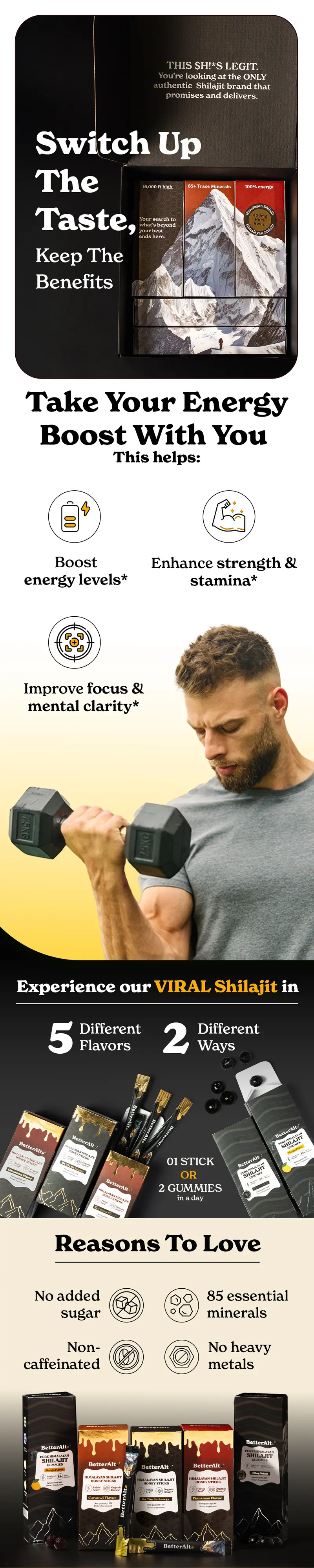 Product Introduction of BetterAlt Ultimate Shilajit Energy Kit | Cinnamon, Caramel & Classic Honey Sticks, Tamarind & Mango Shilajit Gummies | Energy Gift Box | 1-Month Pack 0