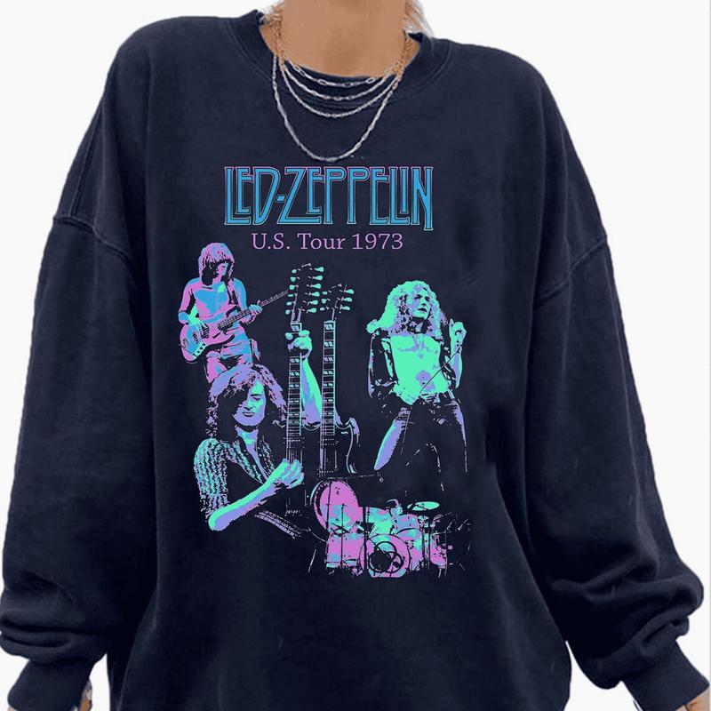 TikTok Shop Led Zeppelin tour 1973 Unisex Shirt Vintage Rock Band Led Zeppelin Tour Distressed 70s Music Concert Shirt Oversized Festival Clothes Shirts For Men and Women