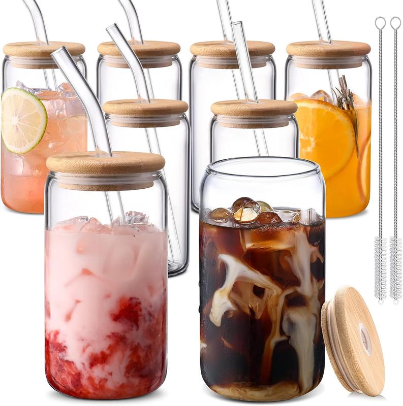  Glass Cups 16oz,Glass Cups with Lids and Straws 4pcs-DWTS Coffee  cups,Drinking glasses set,Glass tumbler with straw and lid gift 2 Cleaning  Brushes : Home & Kitchen
