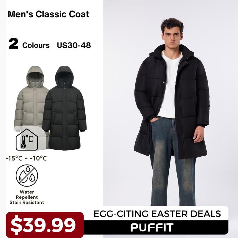 PUFFIT Men‘s Classic Hooded Long Puffer Coat , Long Quilted Outerwear ...