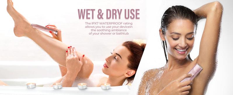 Product Introduction of Akunbem Bikini Trimmer for Women, Electric Shaver and Razor Rechargeable 2-in-1 Body and Facial Epilator, Dual Heads for Painless Trimming of Pubic Hair, Face, Underarms and Legs, IPX7 Waterproof. Christmas Gift New Year Gift Shaving Grooming 2