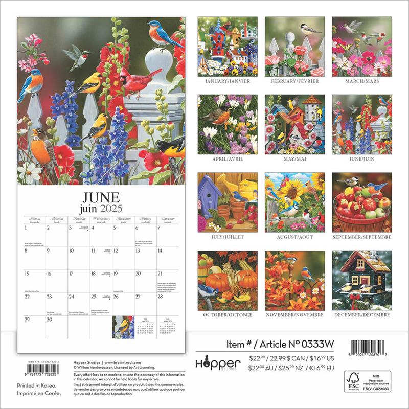 Feathered Friends | Amis a Plumes | 2025 12 x 24 Inch Monthly Square Wall Calendar | English/French Bilingual | Featuring the Artwork of William Vanderdasson | Hopper Studios | Wildlife Animals Birds 1