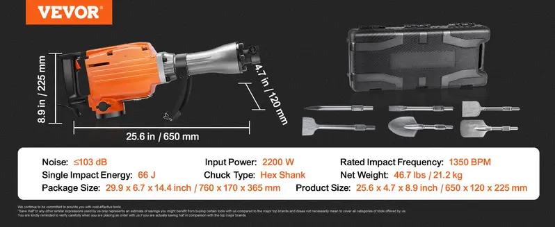 Product Introduction of VEVOR Demolition Jack Hammer Concrete Breaker, Various specifications, Electric Hammer, Chisel Bits Professionals Aluminum 13