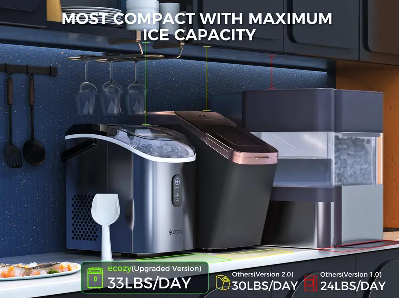 Product Introduction of ecozy Countertop Sonic Nugget Ice Maker.Chewable Ice Cubes.33 lbs Daily Output.Self-Cleaning.Stainless Steel for Party/Kitchen/Bar 8