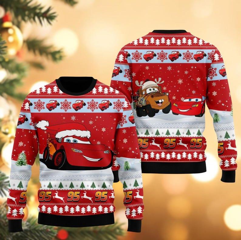 TikTok Shop Christmas Lightning McQueen Ugly Sweater Car Lover Xmas Sweatshirt Cartoon Shirt Racing Cars Xmas Holiday Pullover Gift