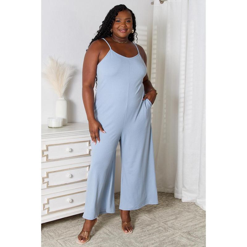 TikTok Shop Basic Bae Full Size Spaghetti Strap V Neck Jumpsuit Sleeve Spandex