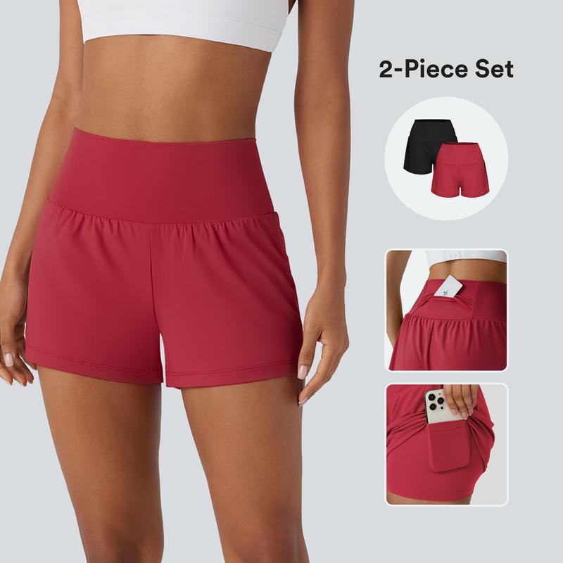 Super High Waisted Back Pocket & Side Hidden Pocket 2-in-1 Yoga Shorts 5''-Longer Length
