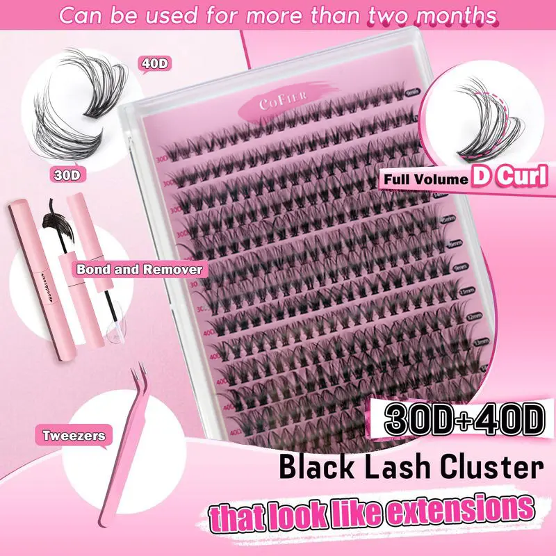 Cofier 280PCS DIY Eyelash Extension Kit Professional Lash Clusters Beginner Friendly Lash Bond and Seal, D Curl Individual Lashes Kit Lash Tweezers & Curler for Self Use 0