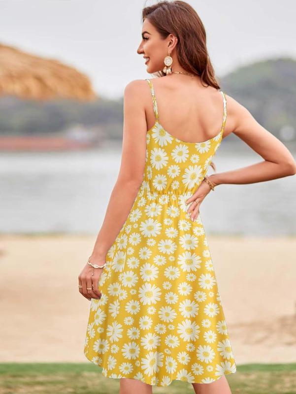 TikTok Shop Womens Summer Dresses Spaghetti Strap Floral Dress Casual V Neck Midi Dress Cute A Line Beach Dress with Pockets