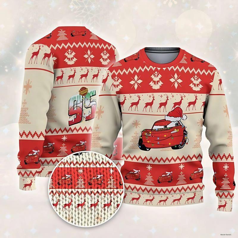 TikTok Shop Christmas Cars Lightning Ugly Sweater for Men Festive Personalized Sweatshirt Xmas Day Menswear Spandex Matching Pullover Shirts