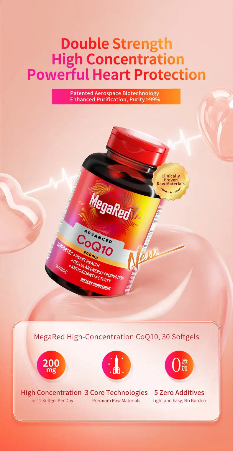 Product Introduction of MegaRed Health High-content Coenzyme Q10 Soft Capsule for Staying Up Late to Protect Heart and Myocardium 200mg*90 Pills/60Pills/30Pills Fathersdaygift Supplement Edible Vitamin Healthcare Dietary 0