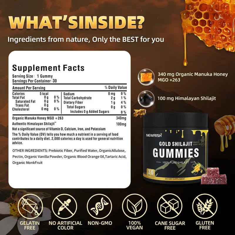 Product Introduction of Summer Turn-Up【Newrish】Organic Shilajit Gummies l Manuka Honey | Natural and Organic | Sugar-free | Improves ability and endurance | Promotes gastrointestinal motility l Cell health l 30 capsules Vitamin Dietary 5