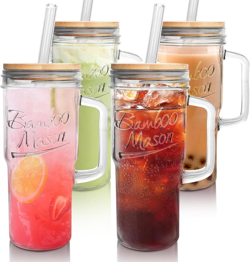Product Introduction of Easter Gifts - 24 oz Glass Tumbler Cup with Handle- Stylish Coffee Glass Water Bottle With Lid&Straw, Wide Mouth Mason Jar Cups, Fit Car Cup Holder Bamboo Drinkware 1