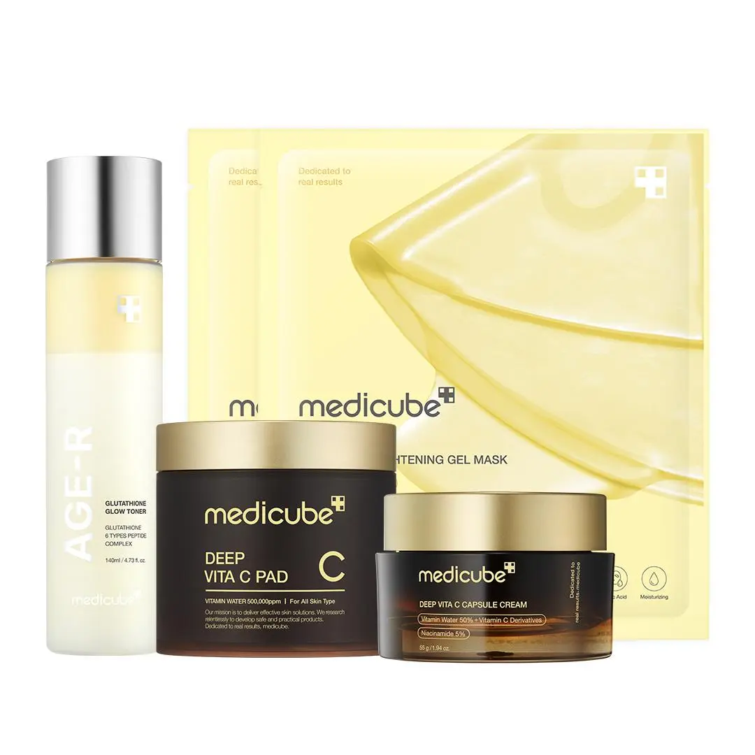 [medicube Official] Clear & Glow on a Budget SET | Glutathione Glow Milky Toner, Vita C Toner Pads, Vita C Capsule Cream, Kojic Acid Turmeric Gel Mask