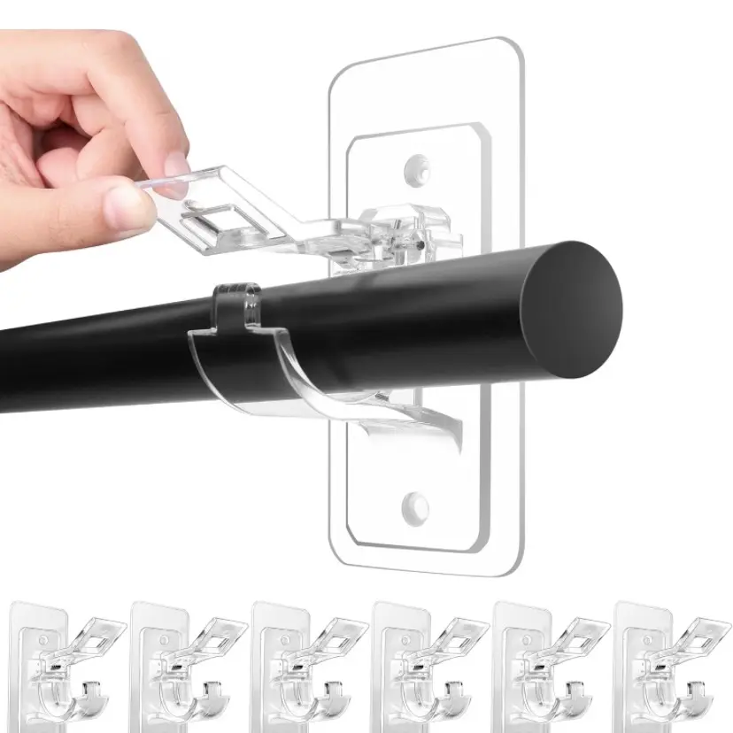 10pcs   No Drill Curtain Rod Brackets No Drilling Self Adhesive Curtain Rod Holder Hooks Nail Free Adjustable Curtain Rod Hooks Curtain Hangers for Bathroom Kitchen Home Bathroom and Hotel (Transparent) Plastic Decoration Household Organiser