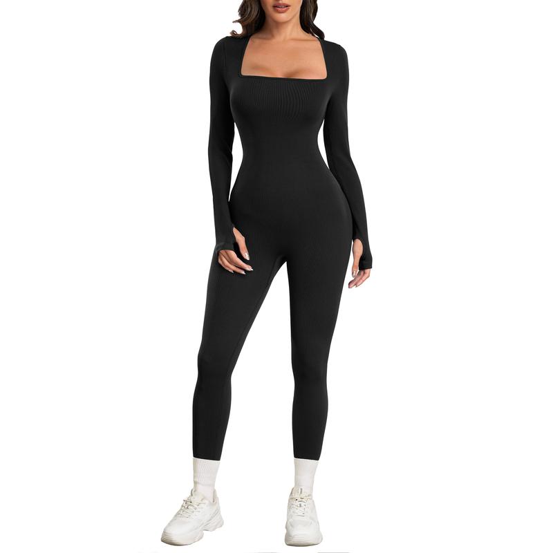 Women Ribbed Yoga Jumpsuits Workout Ribbed Long Sleeve Sport One