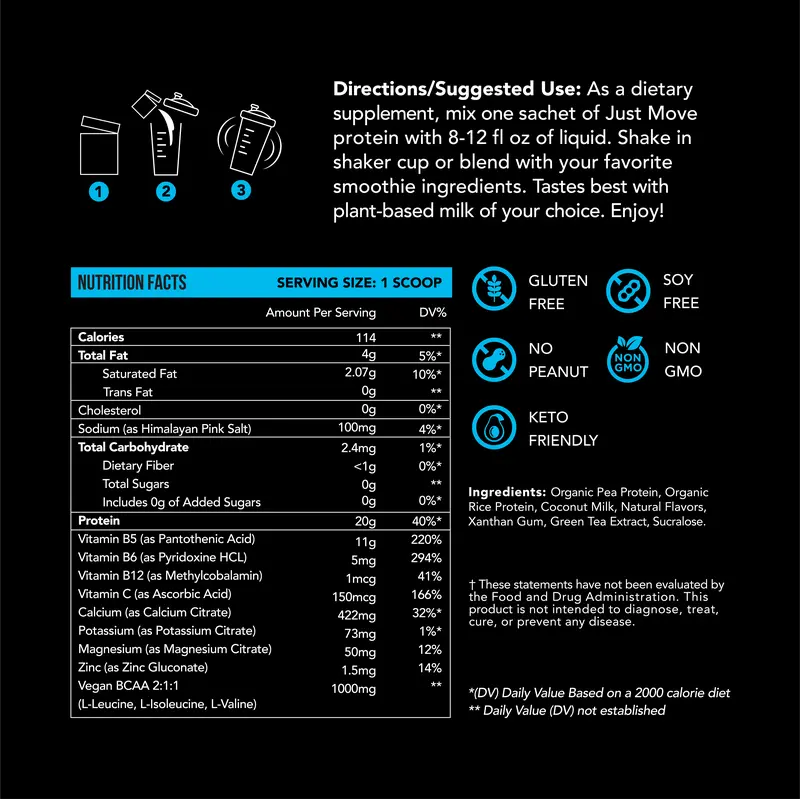 Product Introduction of Just Move Protein Sample 7 Pack - Vegan (Plant Based) Organic, Dairy Free, Soy Free, Gluten Free, Keto, Peanut Free, 20g -22g Protein, Low Carb, Non GMO supplements fitness dietary supplement post-workout recovery Edible Flavor Healthy Multi Flavors 11
