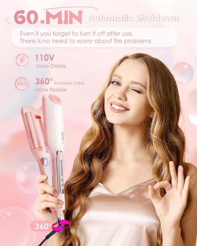 TikTok Shop Rovy Wave Curling Iron Novus Anti Scald Hair Crimper 2 Barrel Ionic Wavy Hair Curler for Women 1.1in 28MM Rapid Heating Curling Wand Hair Waver Crimper Hair Iron for Wide Deep Waves Silico...