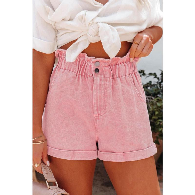 TikTok Shop Dusty Pink Vintage Washed Frilled High Waist Denim Shorts