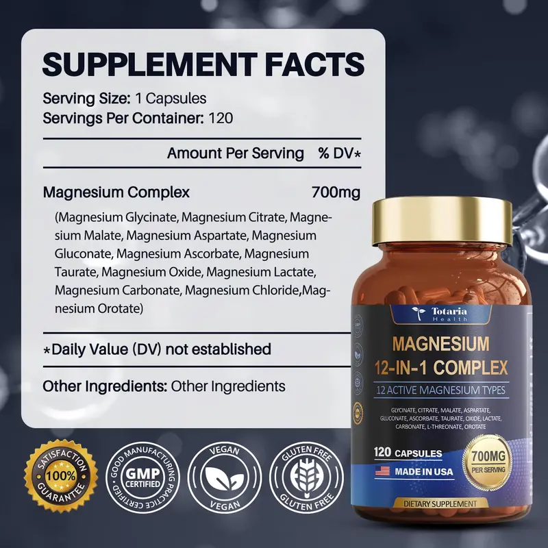 Product Introduction of Totaria 12-in-1 700mg Magnesium Complex - Glycinate Citrate Malate Oxide Taurate Aspartate Orotate, Vegan Capsules for Muscle, Heart, and Relaxation Support 9