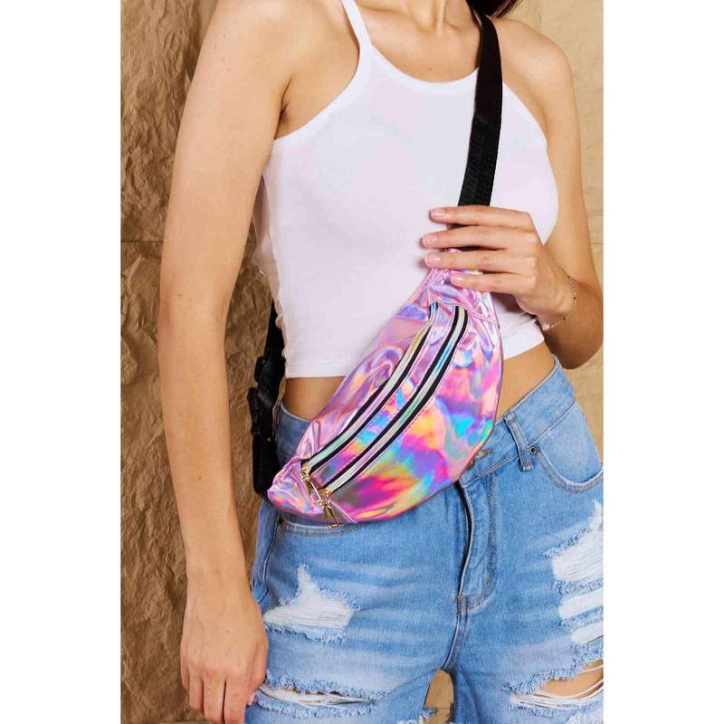 TikTok Shop Fame Good Vibrations Holographic Double Zipper Fanny Pack in Hot Pink