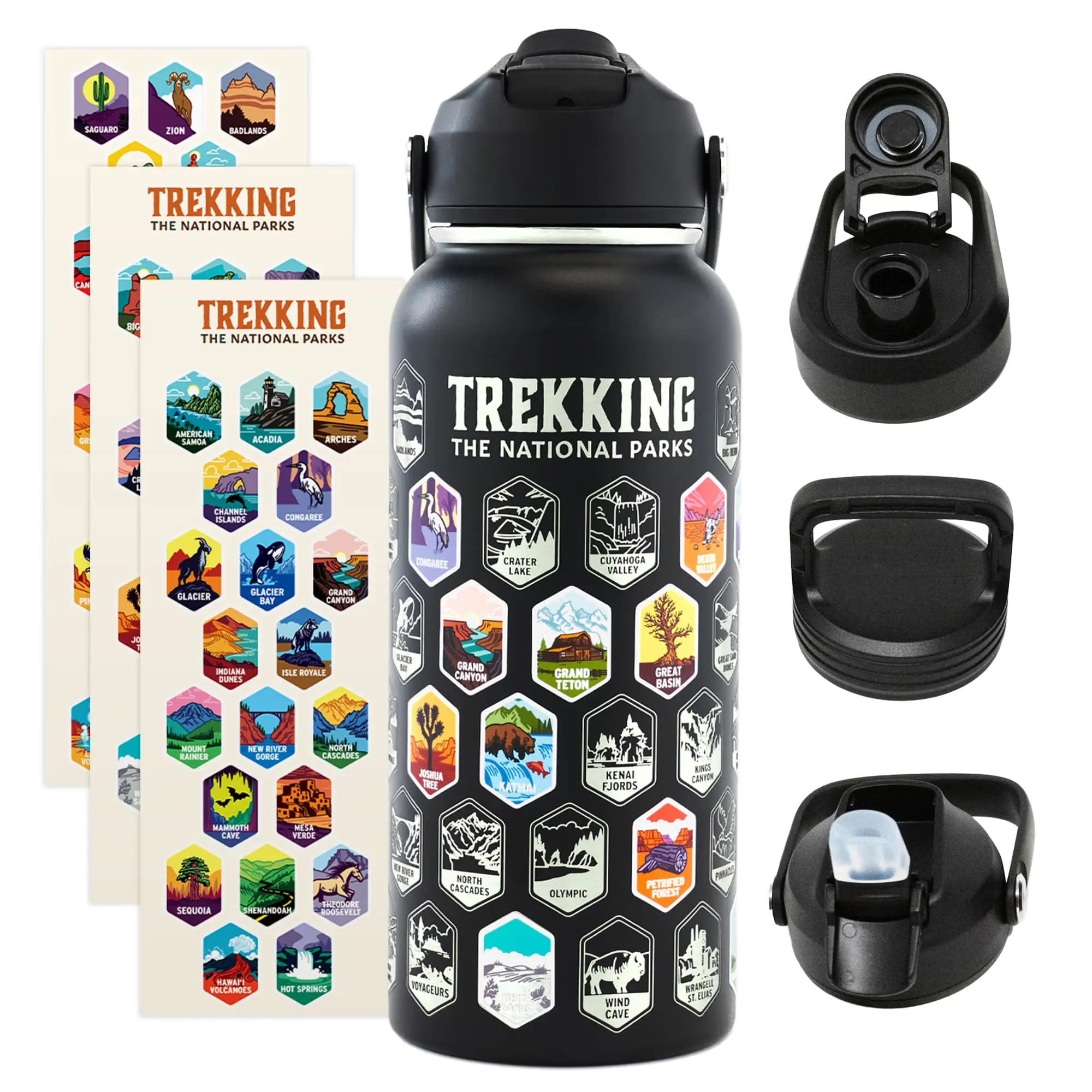 Trekking The National Parks Water Bottle with 3 Lids (Straw, Chug, Spout) & 63 Waterproof Stickers | 32oz Insulated Leakproof Stainless Steel Tumbler