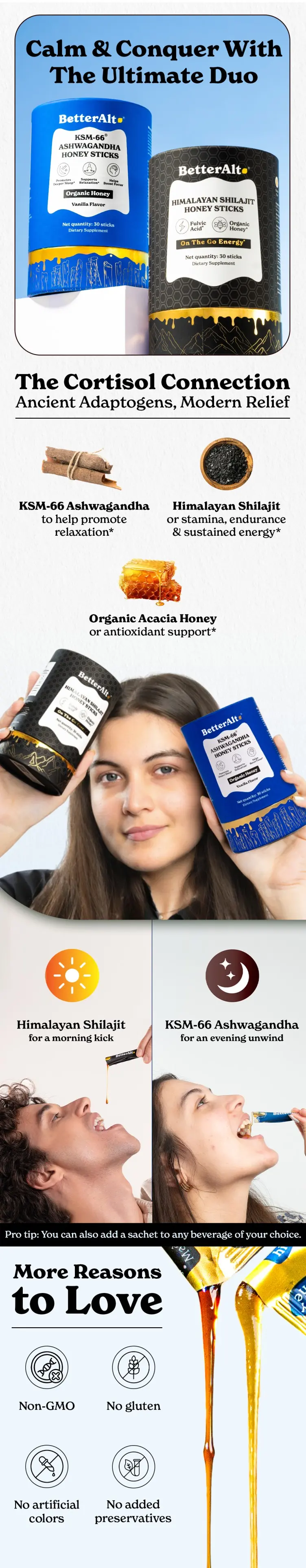 Product Introduction of BetterAlt Cortisol Reducer Duo | GOLD+ Shilajit Honey Sticks & KSM-66 Ashwagandha Honey Sticks | Dietary Supplement for Energy & Focus | 60 Sticks 0