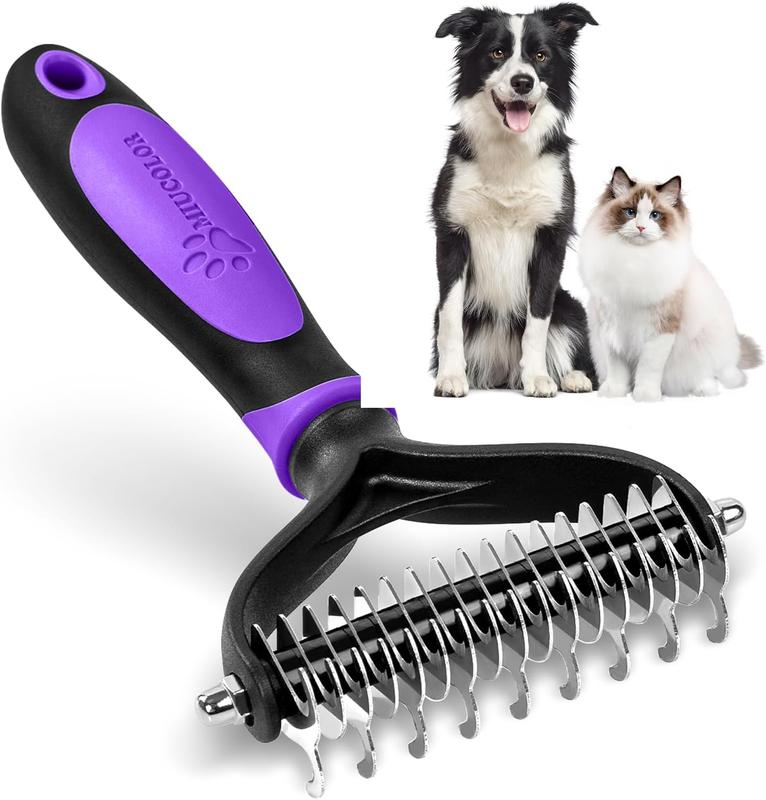 TikTok Shop Pet Grooming Brush 2 Sided Undercoat Rake for Dogs Cats Professional Deshedding Brush and Dematting Tool Effective Removing Knots Mats Tangles for Cats Dogs Extra Wide Purple