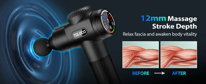 Product Introduction of TOLOCO Massage Gun, Muscle Deep Tissue Massage Gun, Percussion massage gun with 10 replacement heads. 12