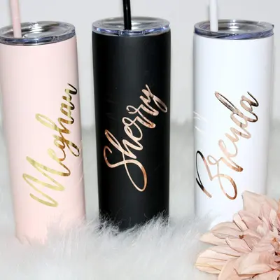 8 Personalized discount Bridesmaid tumbler custom cups with straws insulated blush pink rose gold wedding tumblers