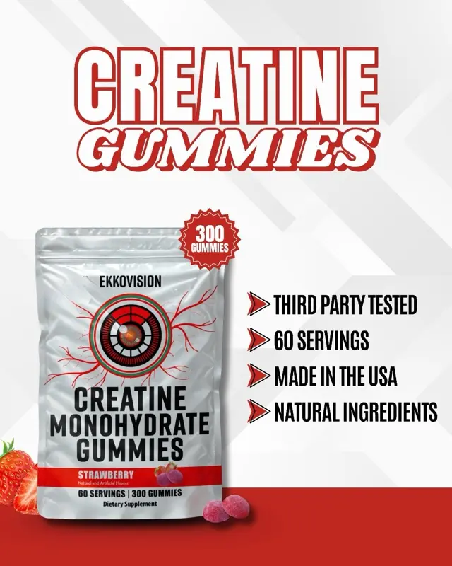 Product Introduction of Ekkovision Creatine Monohydrate Gummies Strawberry Flavor 300 Gummies 60 Servings Third Party Tested Dietary Supplement 6