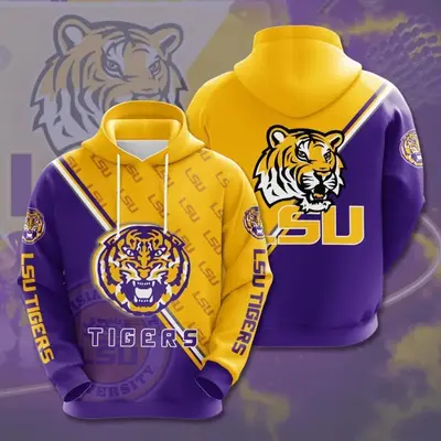 Deals Purple and Gold Tiger Stripe Unisex Hoodie, Football Fan Pullover Hoodie